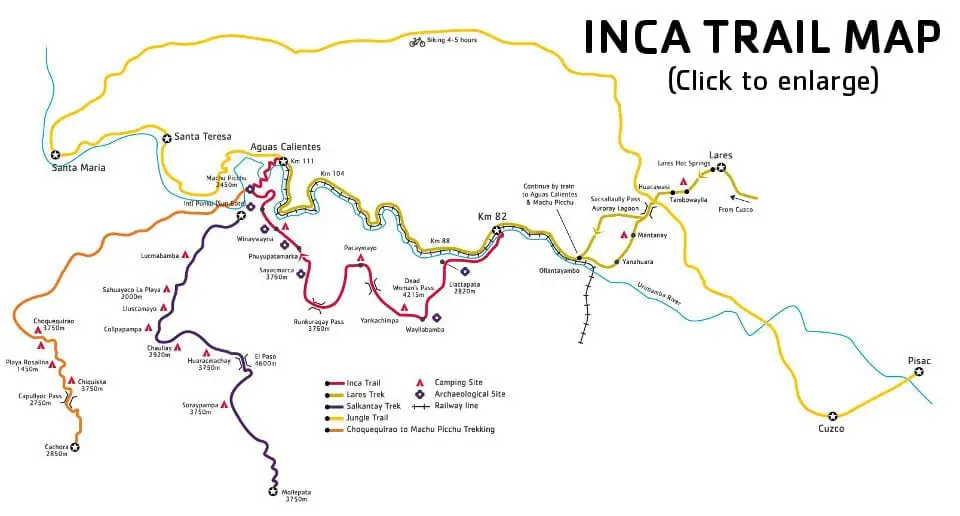 Map of Trail Routes to Machu Picchu