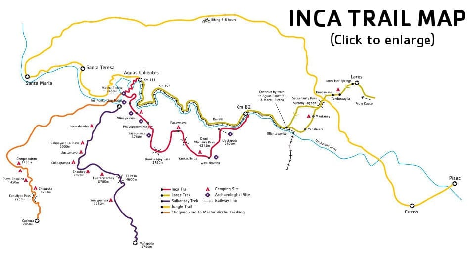 Map of Trail Routes to Machu Picchu