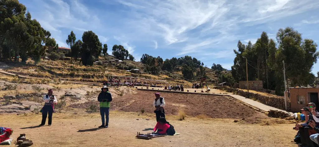 The Quechua People Of Taquile Giving Presentations to guests.