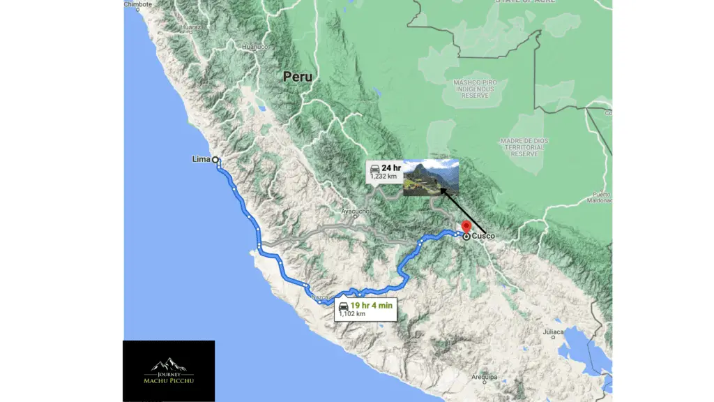 Lima to Machu Picchu by Road Map
